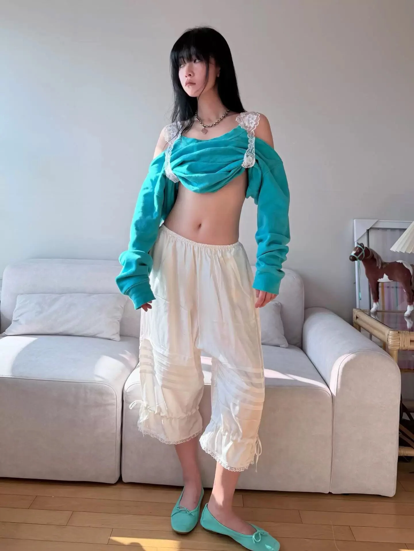 

White Lace Belted Design Seven-Foot Casual Pants Lantern Pants Loose Fit Natural Waist Elastic Polyester Fiber Ladies' Pants