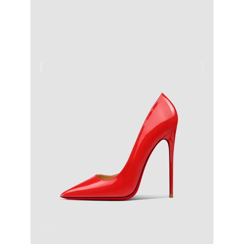 حذاء بكعب عالٍ مدبب جميل للغاية للنساء، حذاء فردي احترافي جديد بكعب نحيف من الجلد الفرنسي المثير مقاس كبير باللون الأسود