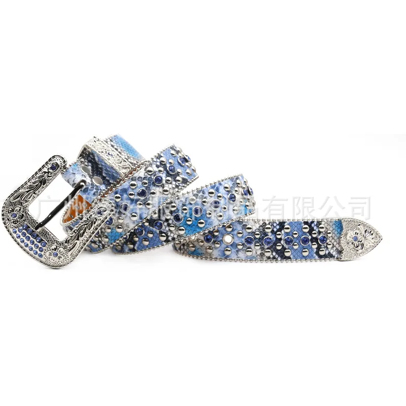 men fashion punk rock rivets belts blue snake print rhinestone belt womens designer waistband pin buckle diamond studded strapon