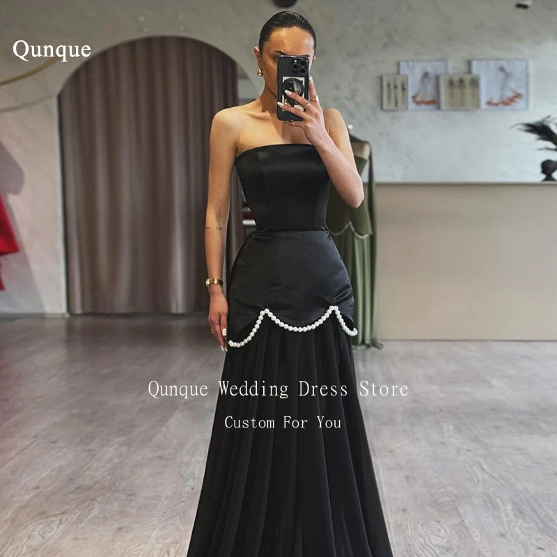 

Qunque Fashion Pearls Pleat Marmaid Evening Gowns Strapless Modern Black Satin Prom Dresses Lace-up Vestidos De Noche Customized