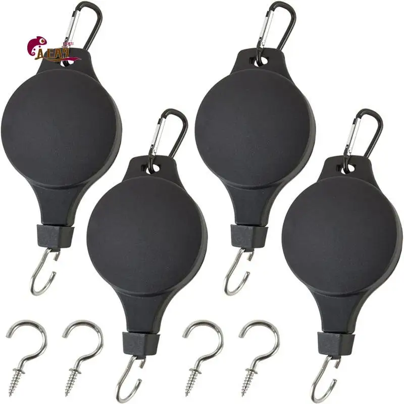 AEA9-4PCS Plant Pulleys Plant Hook Pulley With 4PCS Ceiling Hooks For Hanging Plants Retractable Plant Hangers Outdoor