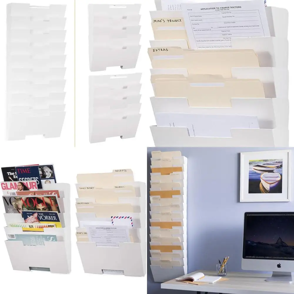 

White Metal 10-Tier Wall File Holder, Office Desk Organizer Rack for Storage and Organization