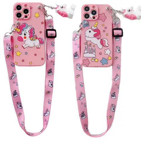 유니콘 iPhone 6 6s 7 8 X Xs Max XR 11 12 13 14 15 Pro SE Max 케이스(홀더 로프 포함)