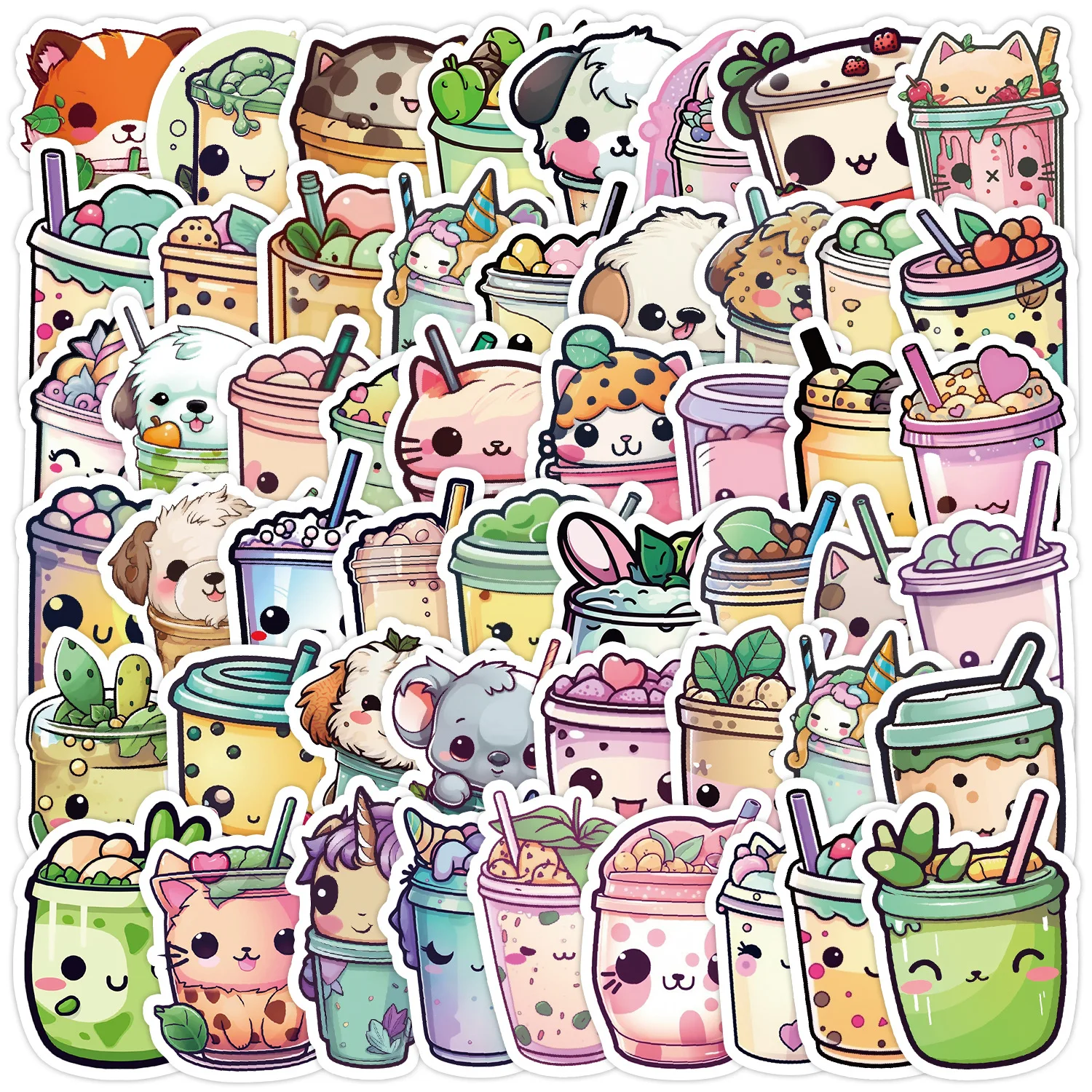 50/100 Pcs Vinyl Cute Face Bubble Tea Cup Creative Stickers DIY Game for Cup Phone Helmet Car Stationery Box Fridge Decals