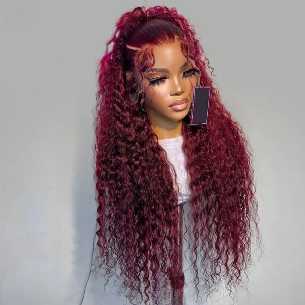 Long 24 Inch 180 Density Wine Burgundy Kinky Curly Hair Wig HD Lace Front Wig Soft With Baby Hair For Women Heat-Resistant Preplucked Glueless Synthetic Daily Use Wig Glueless