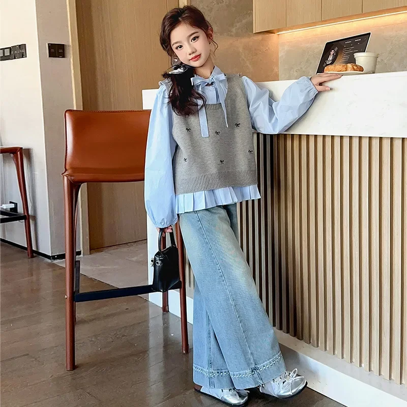 Girls' Spring and Autumn New Fashion Korean Style Trendy Sweater Vest Shirt Three-Piece Set for Big Kids