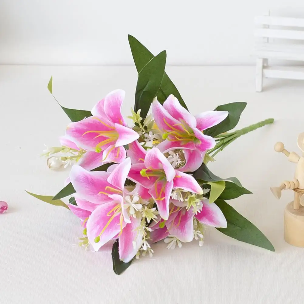 1Pc Artificial Lilies Flower No Withering Non-fading Single Branch Multi-fork Artistic Modern Style Fake Flower for Wedding