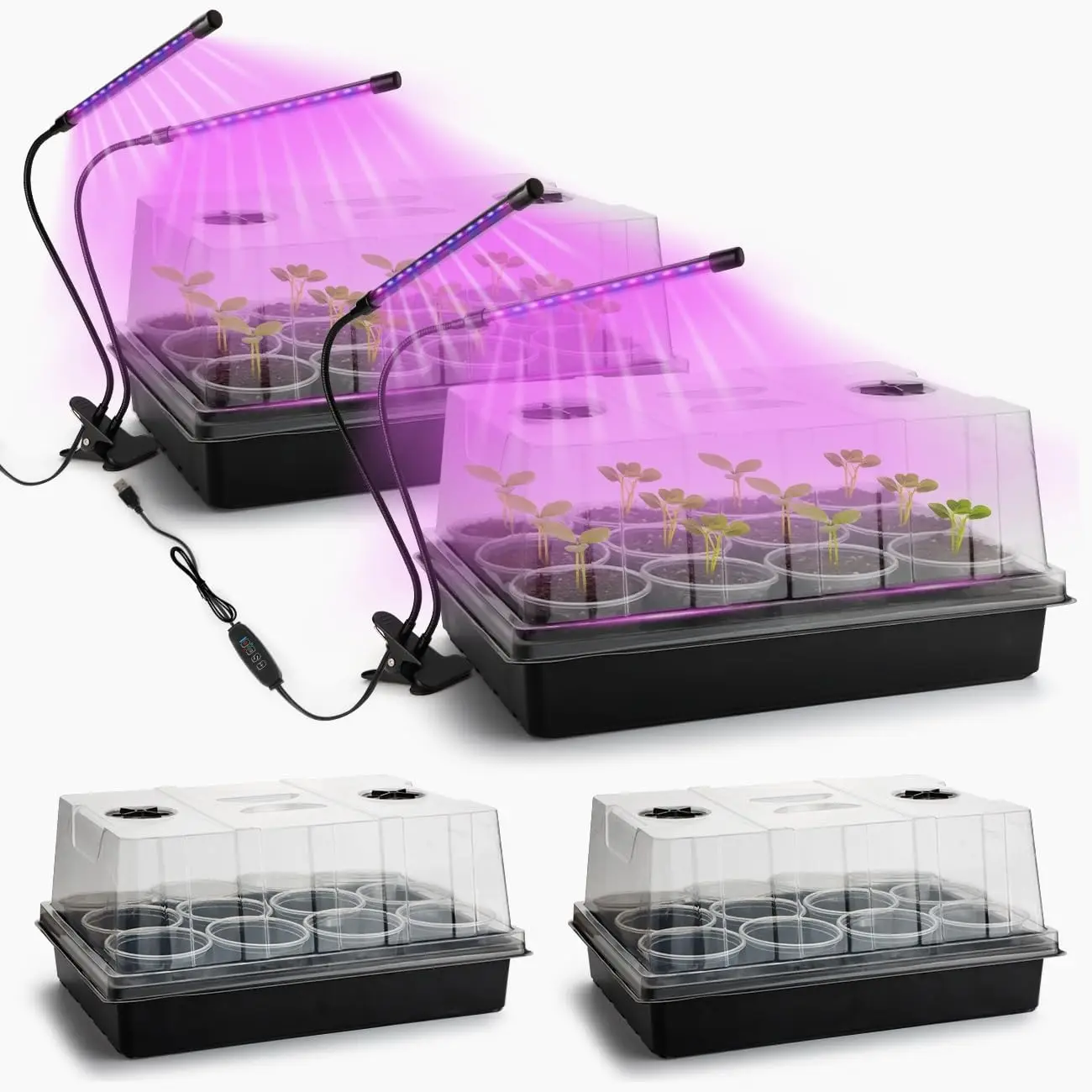 

50p 3.5" Clear Nursery Pots with 4p Trays and 2p Adjustable LED Grow Lights – Transparent Plant Pots with Drainage Holes, Comple