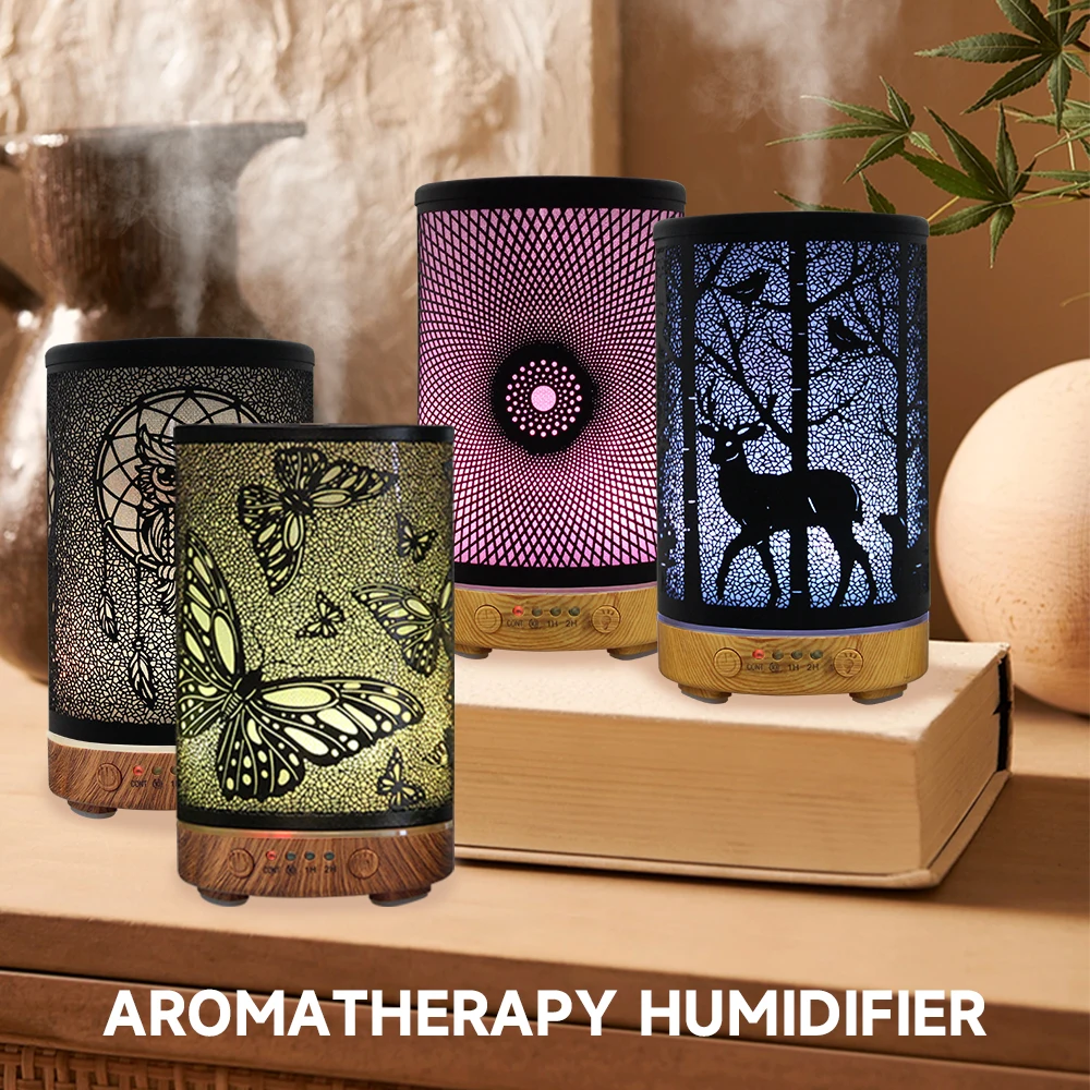 Iron Art Essential Oil Diffuser 100ml Timing Function Ultrasonic Air Humidifier Aroma Diffuser Home Appliance with LED Lights