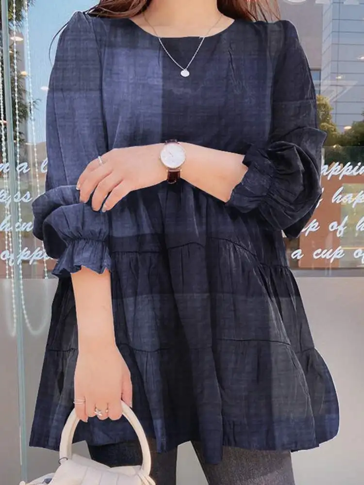 ZANZEA Women Fashion Blouses 2024 Spring Plaid Check Blusa Casual Puff Sleeve Tunics Lady Retro OL Ruffle Loose Tops Oversized