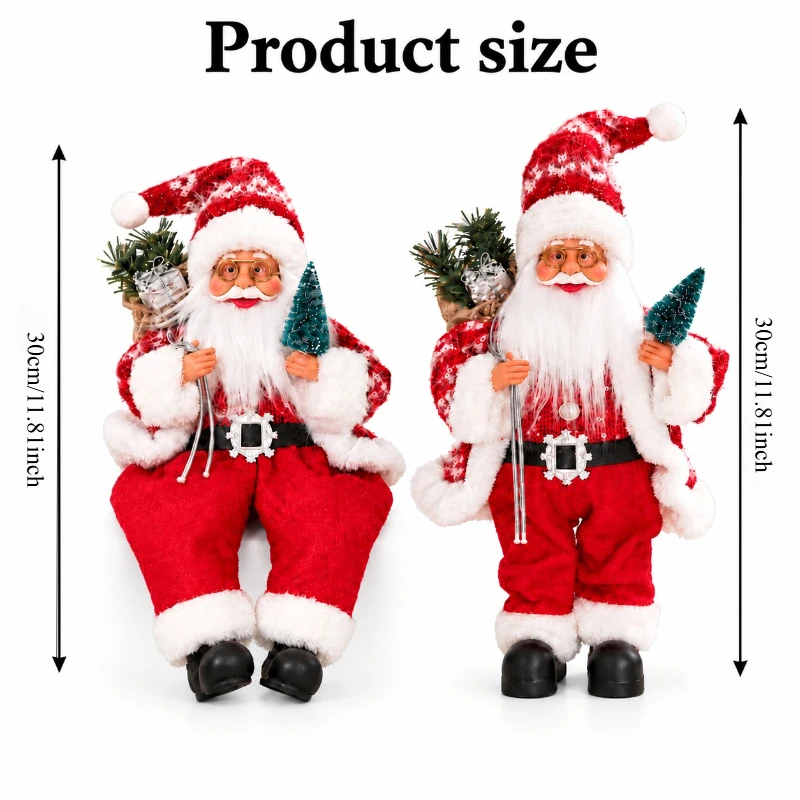 1Pcs 30cm Santa decoration ornament, sitting/standing Santa ornament with gift bag mini tree, Christmas home tabletop decoration