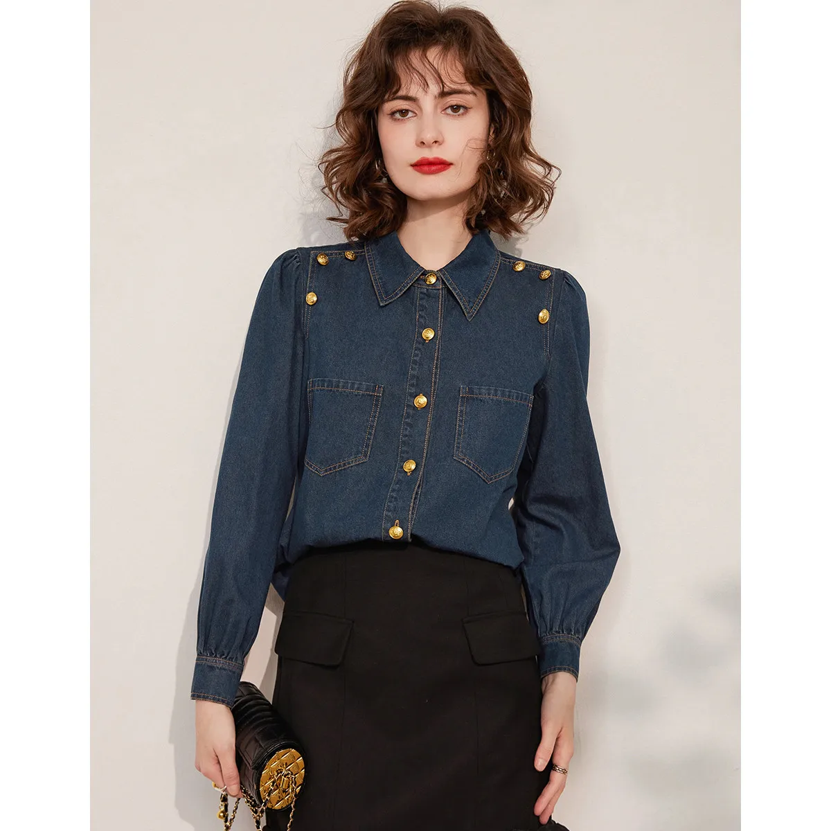 LOUIS YAO New Buttons Decorated Denim Shirt 2025 Spring Fashion Casual Loose Collar Long-sleeved Women's Shirt Jeans Tops
