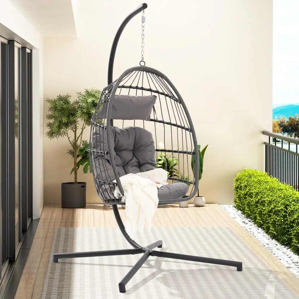 

Egg Hanging Chair with Stand,Hammock Chair Patio Wicker Swing Chair with Cushion and Headrest,Steel Frame and 280lbs Capacity