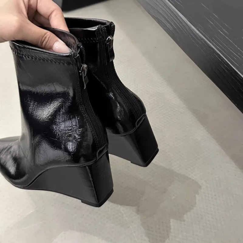 Women's Patent Leather Wedge Ankle Boots Elegant Pointed Toe Footwear Fashion Wedges Heel Party Ladies Pumps Zapatos Mujer