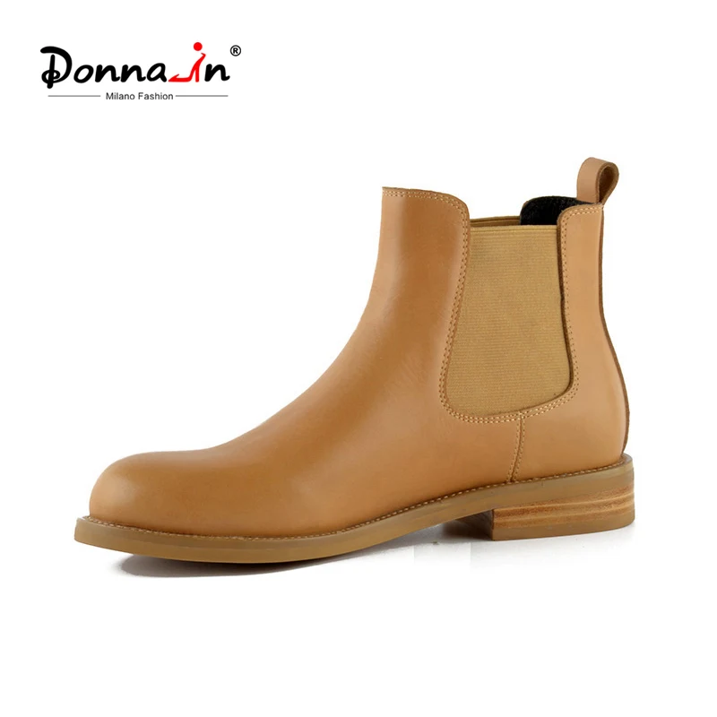 Donna-in Black Apricot Genuine Leather Woman Boots Chelsea Calfskin Plush Ankle Boots Low Heel Autumn Women Shoes