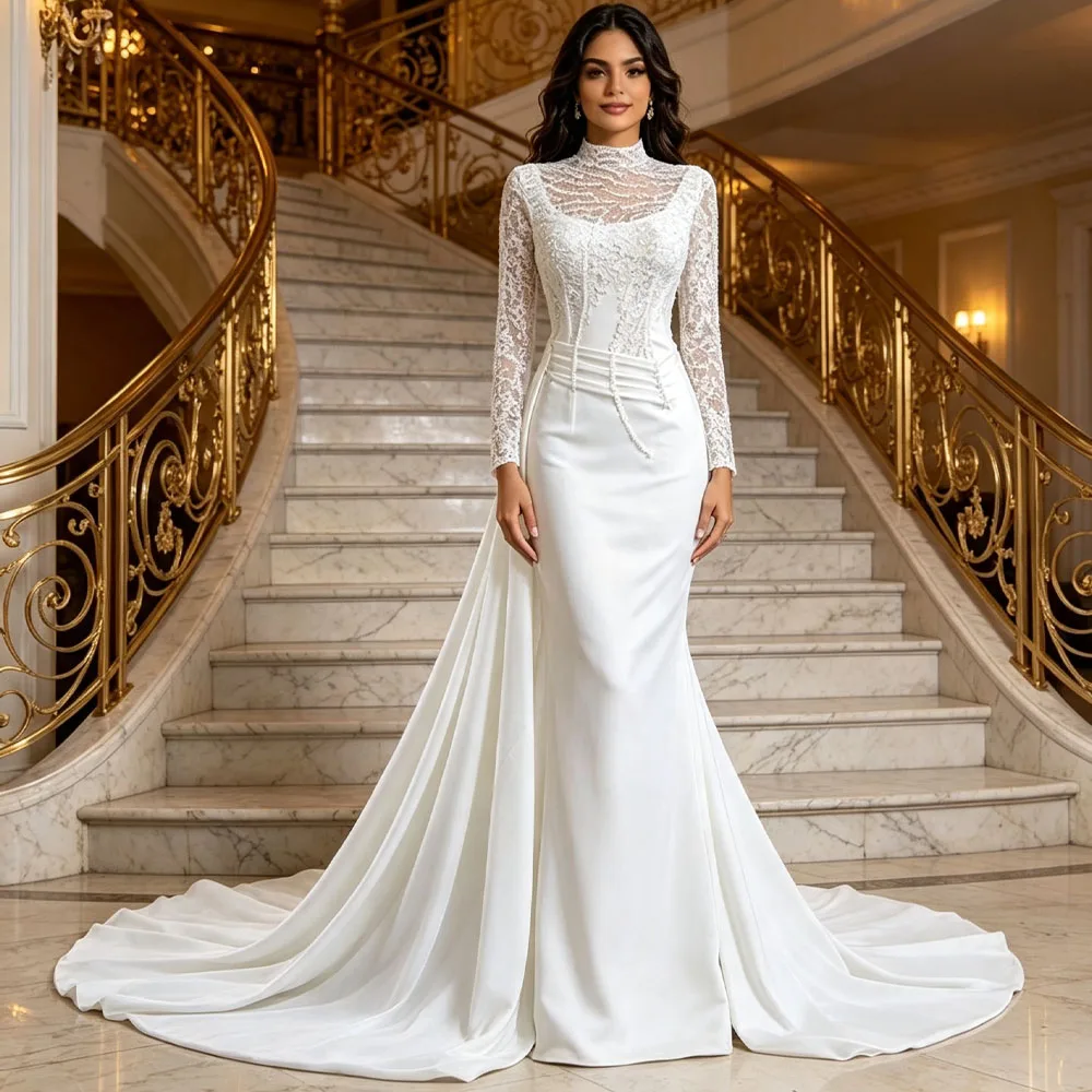 Charming Customized Turtle Long Sleeves Lace Up Back Wedding Dress Beading Pearls Sequined Wedding Gown