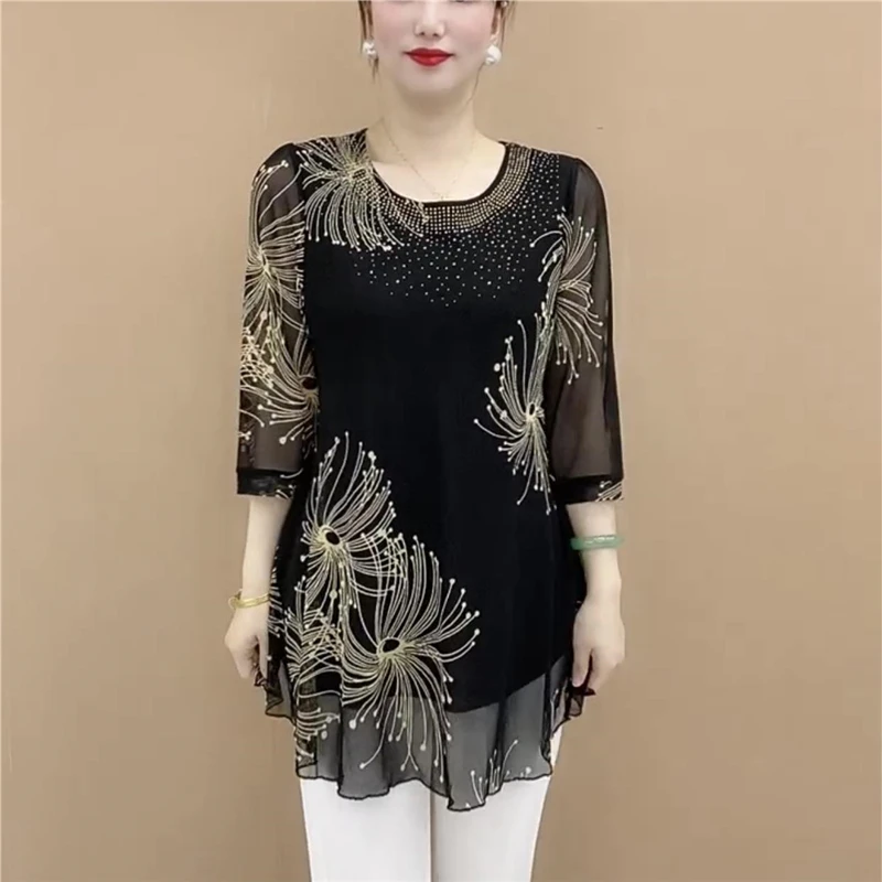 Women Korean Fashion Print Rhinestone Elegant Blouse Summer Ladies Sexy Sheer 3/4 Sleeve Shirts Irregular Loose Tunic Tops Blusa