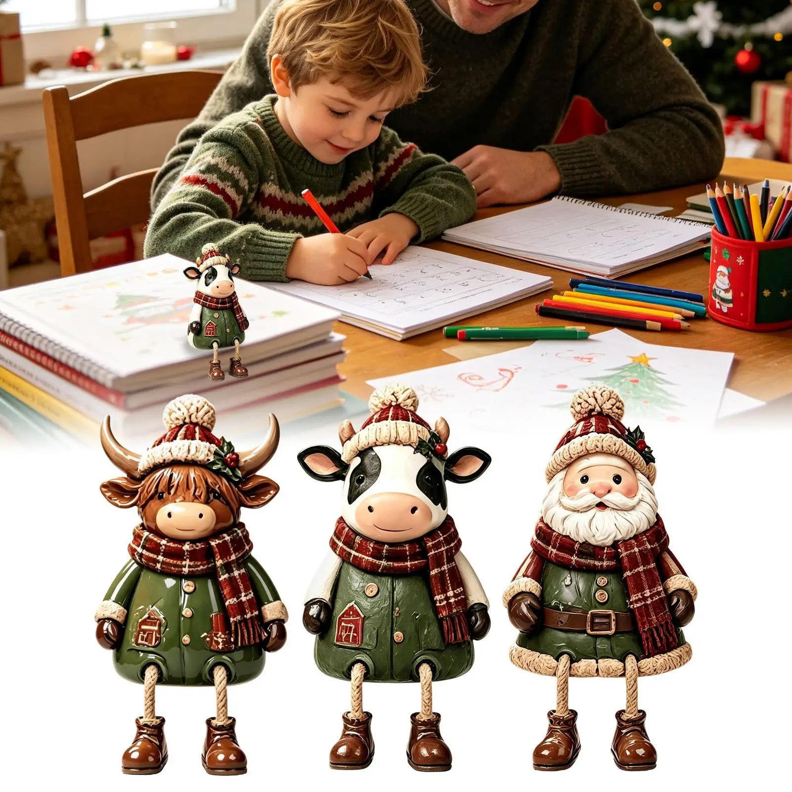 Cattle Figurines Vintage Resin Dangling Legs Santa Cattle Statue Christmas Table Decorations For Home Office Bookshelf Fireplace