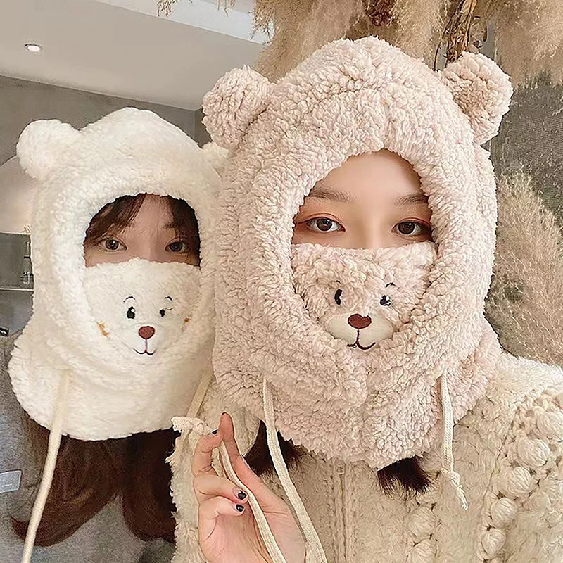 1Pcs Cartoon Bear Ear Beanie Hat With Mask Warm Balaclava Winter Thickened Ear Protection Autumn Beanies For Women Girls