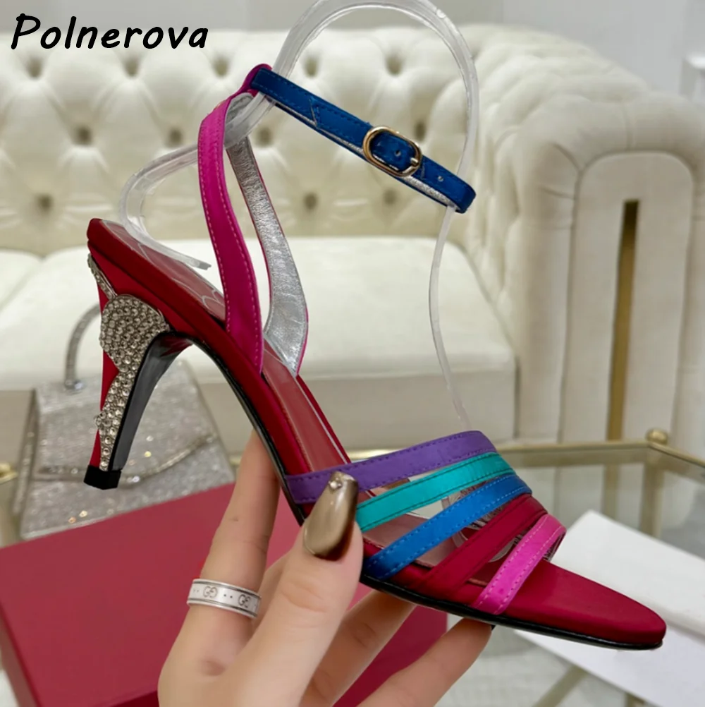 Gold Silvery Rhinestone Heels Sandals Straight Strap Narrow Band Round Toe Crystal Bling Shoes Summer Fashion Mixed Color Shoes view 6