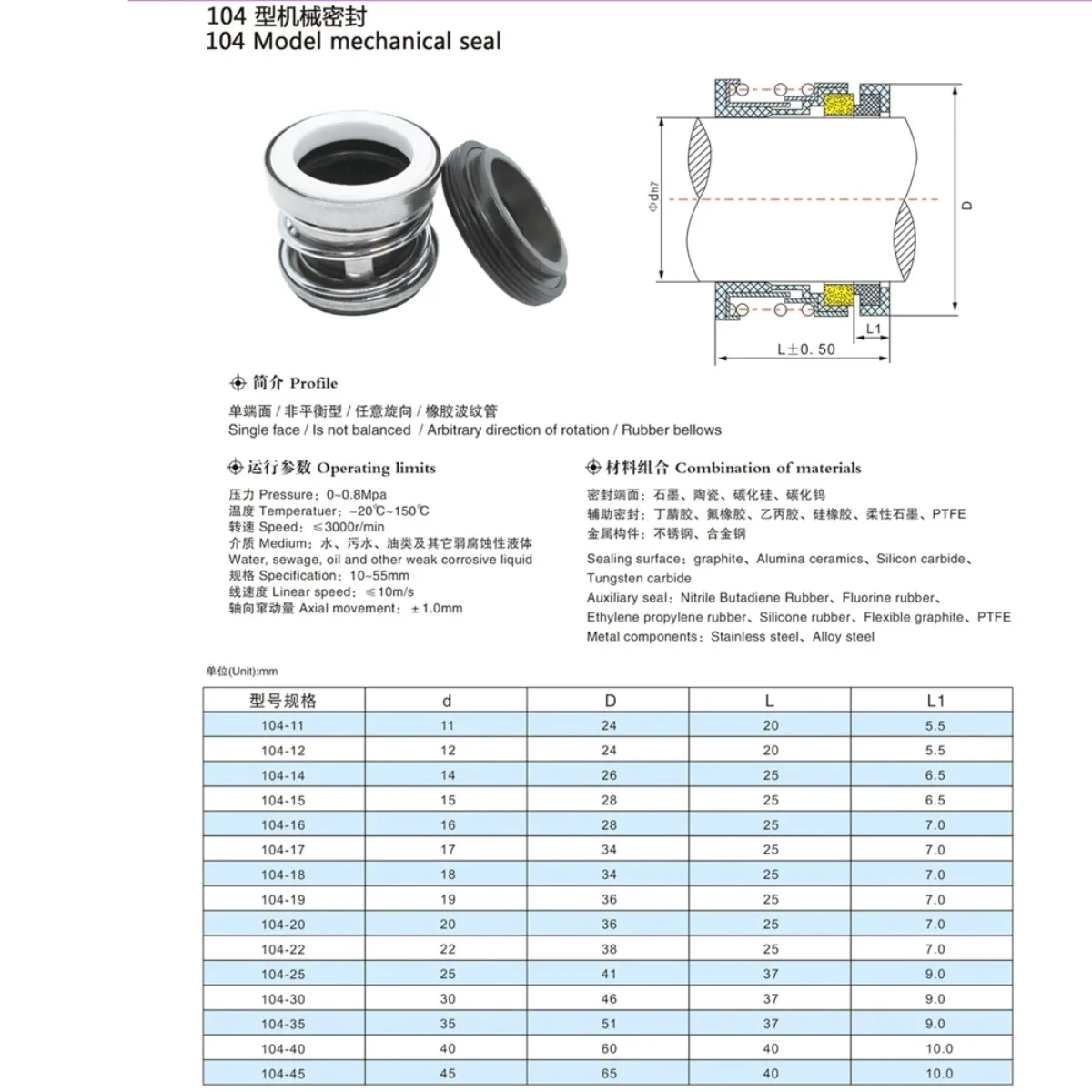 CE-CA-NBR 104-12/14/15/16/17/18/19/20/22/25/28/30/35/40mm Mechanical Shaft Seal Single Spring For Water Pump