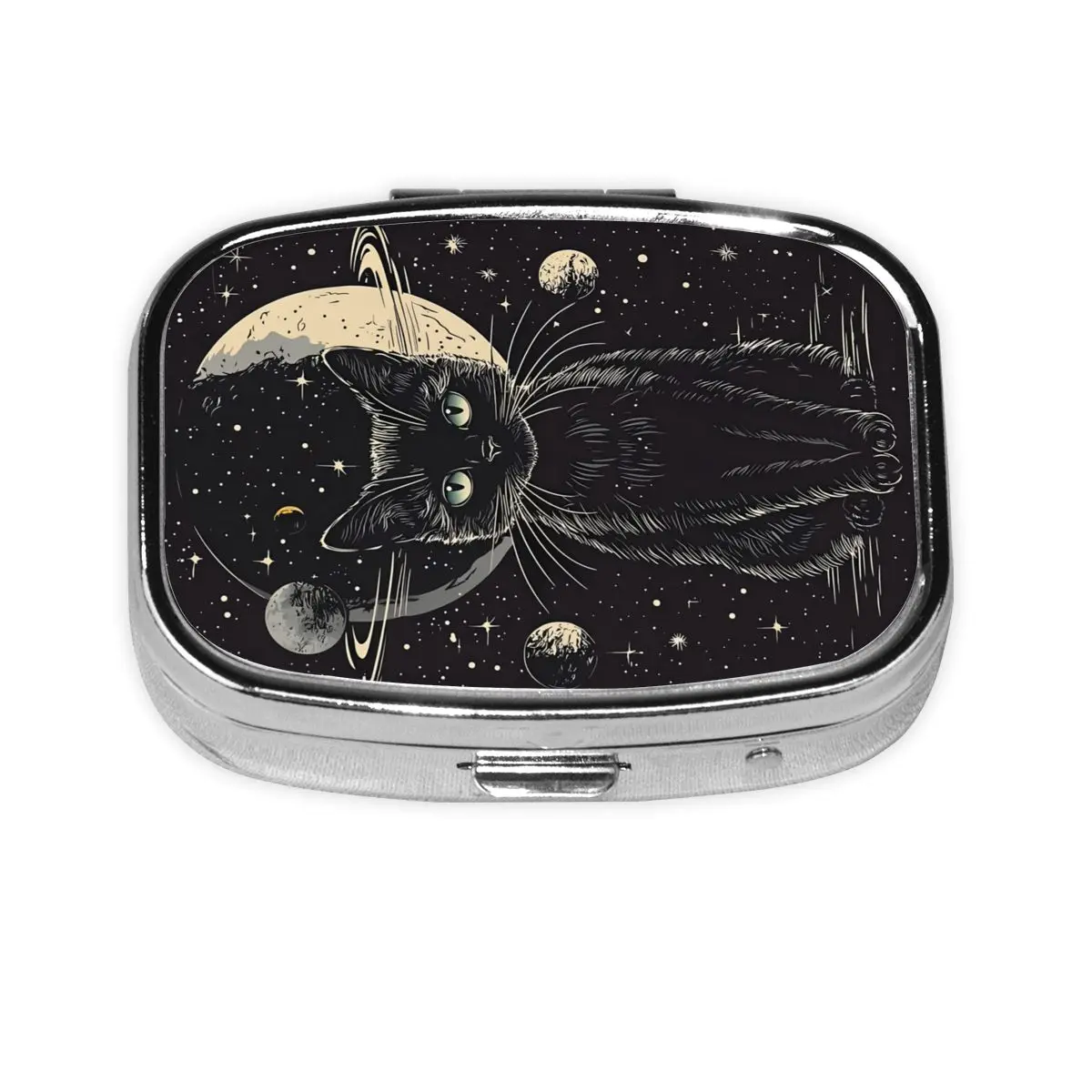 

Black Cat Small Portable Pill Case 2-Compartmen Cut Kitten Cartoon Animal Medicine Organizer Storage Case Pill Box For Travel