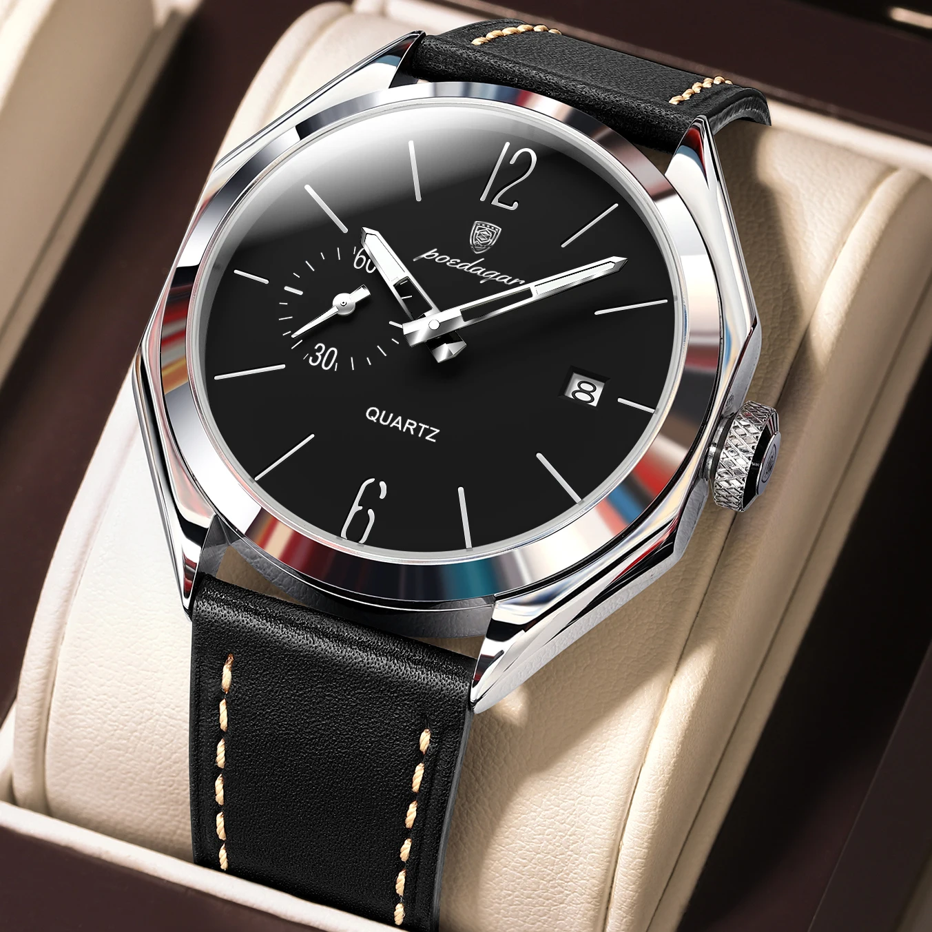 POEDAGAR Top Original Fashion Male Clock Leather Business Men Watch Waterproof Luminous Date Creative Men's Quartz Watches Reloj