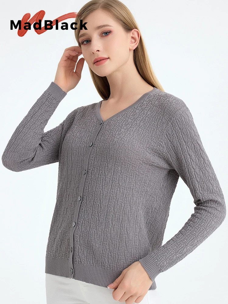 

MadBlack-20%Silk 20%Wool Elegant Knit Cardigan, V Neck Long Sleeve Solid, Women Versatile Warm Sweater, 2026 Autumn New T67114CC