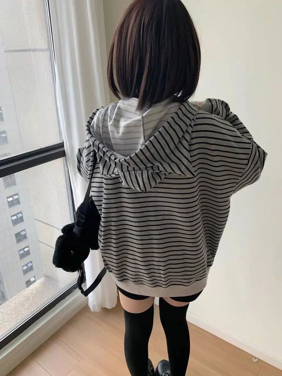 

Kimotimo Cute Embroiderry Striped Hoodies Women Autumn Winter Loose Zipper Hooded Coats Japanese Casual Versatile Sweatshirts