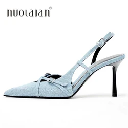 Sexy Pointed Toe High Heel Sandals for Lady Blue Denim Stilettos Fashion Buckle Strap Elegant Women's Shoes 2024 Summer Footwear