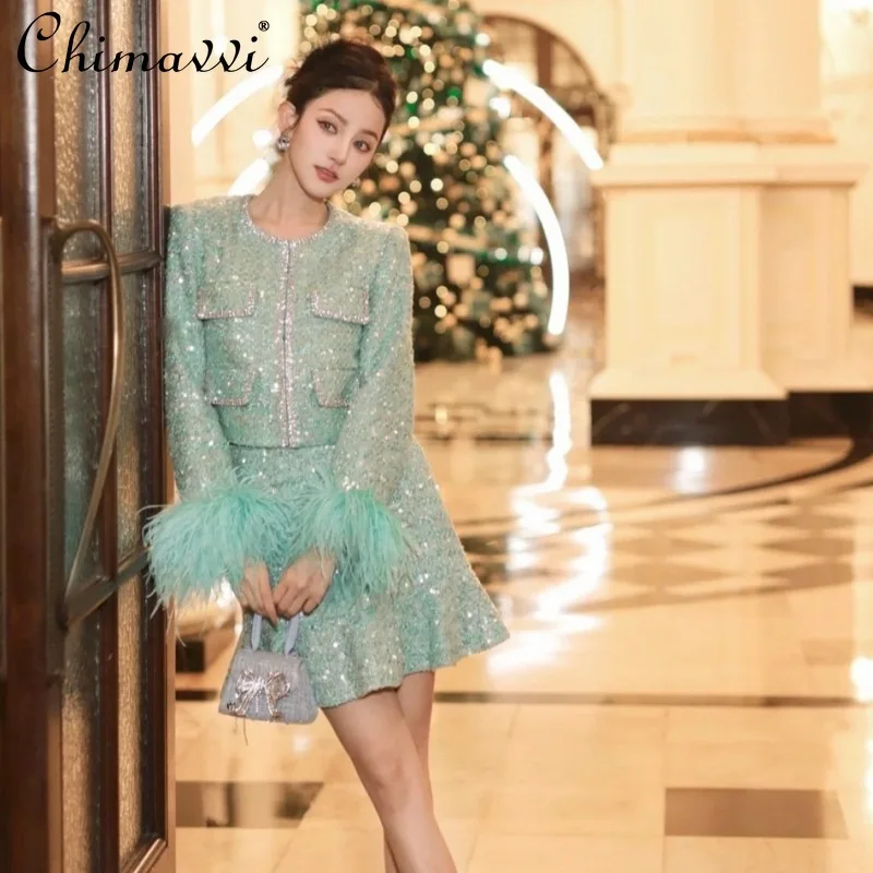 

2024 autumn New Women's High-End Fashion Tweed Green Sequins Feather Sleeve Coat High Waist Skirt Elegant Ladies Two-Piece Set