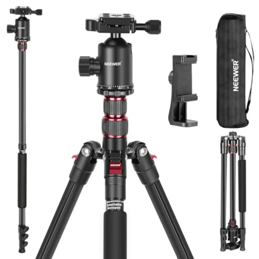 

Штатив-монопод для камеры 77 дюймов для DSLR и смартфонов с панорамной шаровой головкой 360°, 2-осевой центральной колонной, быстросъемной пластиной Arca-Type, сумкой, компактный, модель A