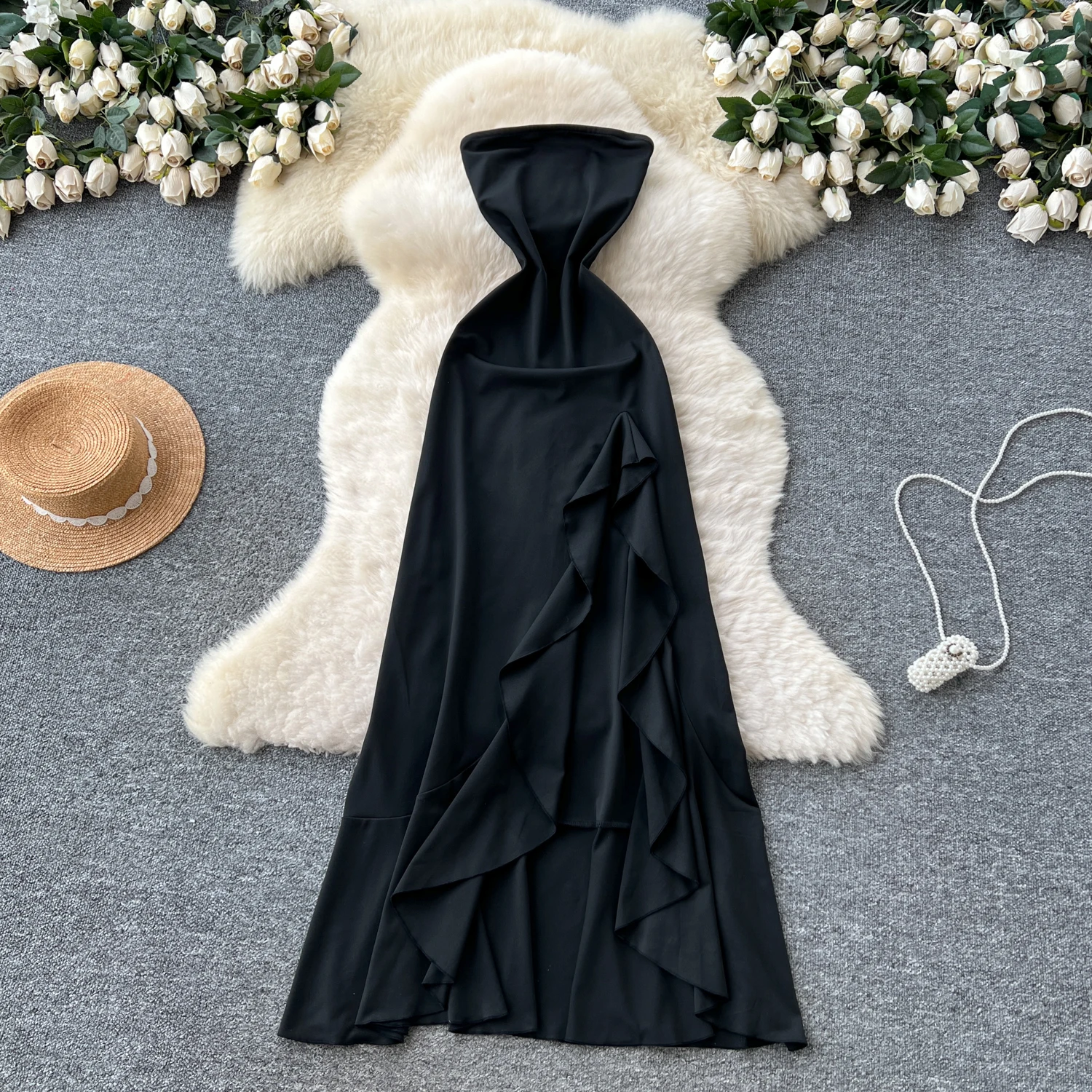 Chic vintage senza schienale con volant senza spalline Elegante fata moda coreana Boho Vestito estivo abbigliamento donna Abito lungo attillato