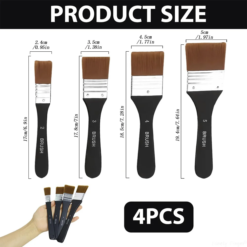 1/4 Pcs Paint Brush, Flat Bright Paint Brushes Craft Basecoating Paint Brushes with Wooden Handle for Acrylic, Oil, Watercolor