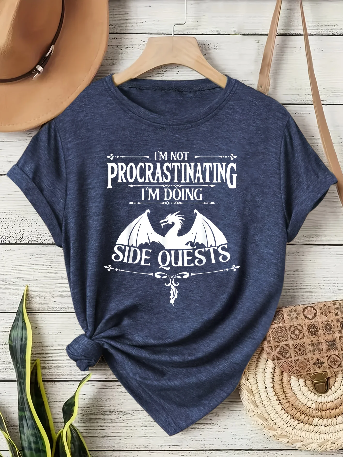 I'm Not Procrastinating I'm Doing Side Quests Women's Tee - Funny Dragon RPG Graphic, Casual Purple Top