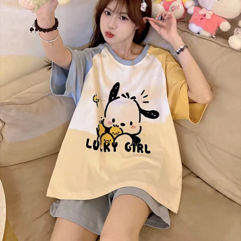 Sanrio Pochacco Sleepwear Women's Summer Short Sleeve Shorts Cute Cartoon Loose Student Casual Pajama Sets Homewear Gift