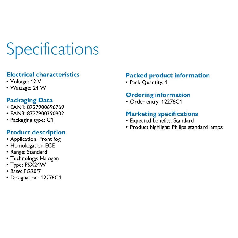 Philips PSX24W 12276 Originale HiPerVision Auto Alogena Fendinebbia Anteriore 12V 24W PG20/7 Lampada Auto Standard ECE 12276C1