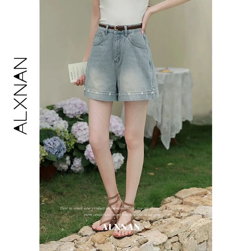 

ALXNAN Women's Denim Shorts Summer 2026 High-Waist Blue A-line Denim Shorts Floral Embroidery Hem Casual Short Pants L65518