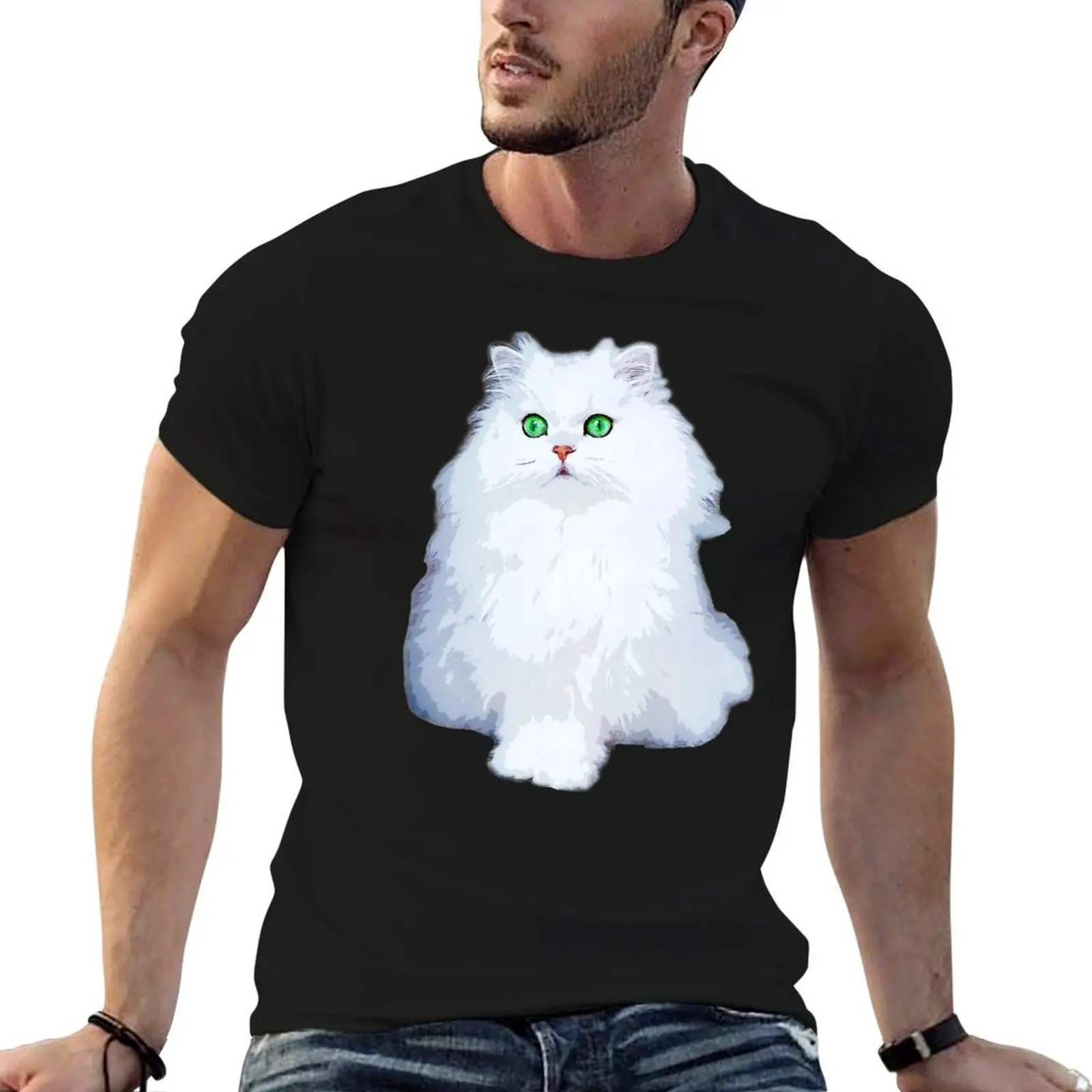 Camiseta ligera de vacaciones con diseño de gatito persa blanco con ojos verdes y chinchilla