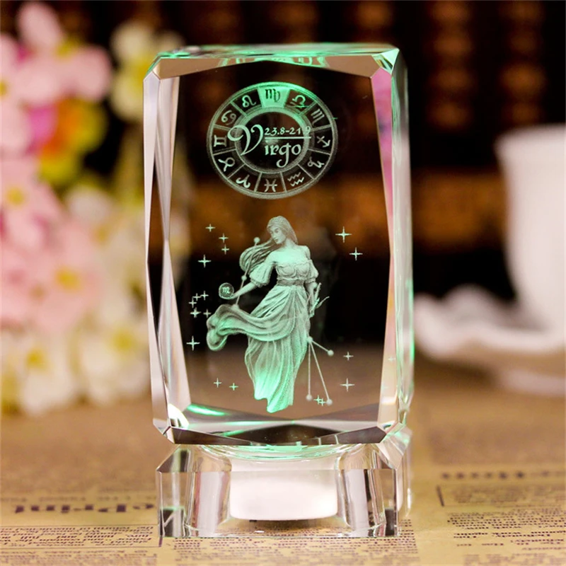 Zodiac Sign Ornaments Model 3D Laser Etched Crystal with Led Light Figurines Miniatures Twelve Constellations Sculpture Gifts