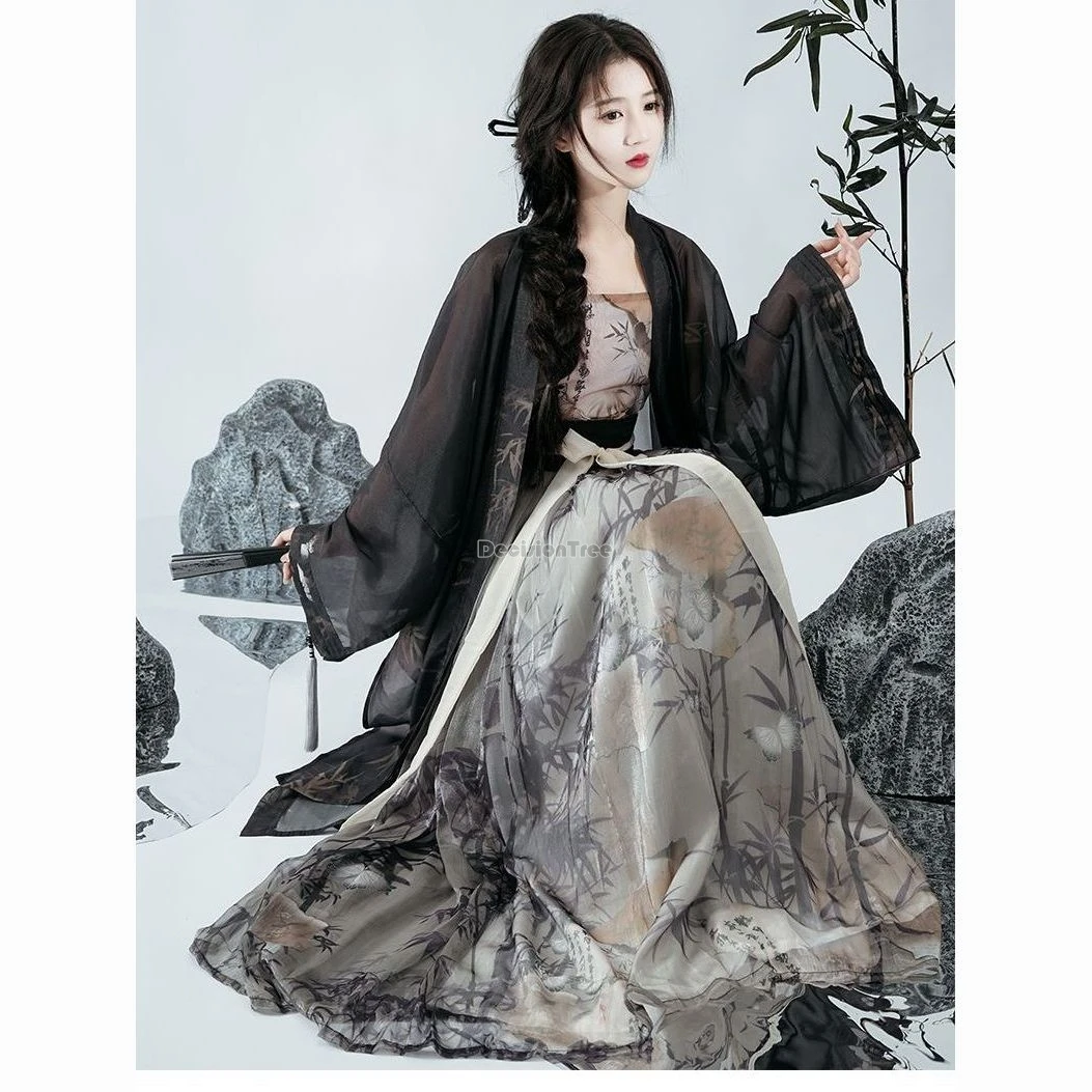 

2024 Song Dynasty daily loose style Summer new Chinese slimming ancient style fashion elegant yarn printed women hanfu set w670