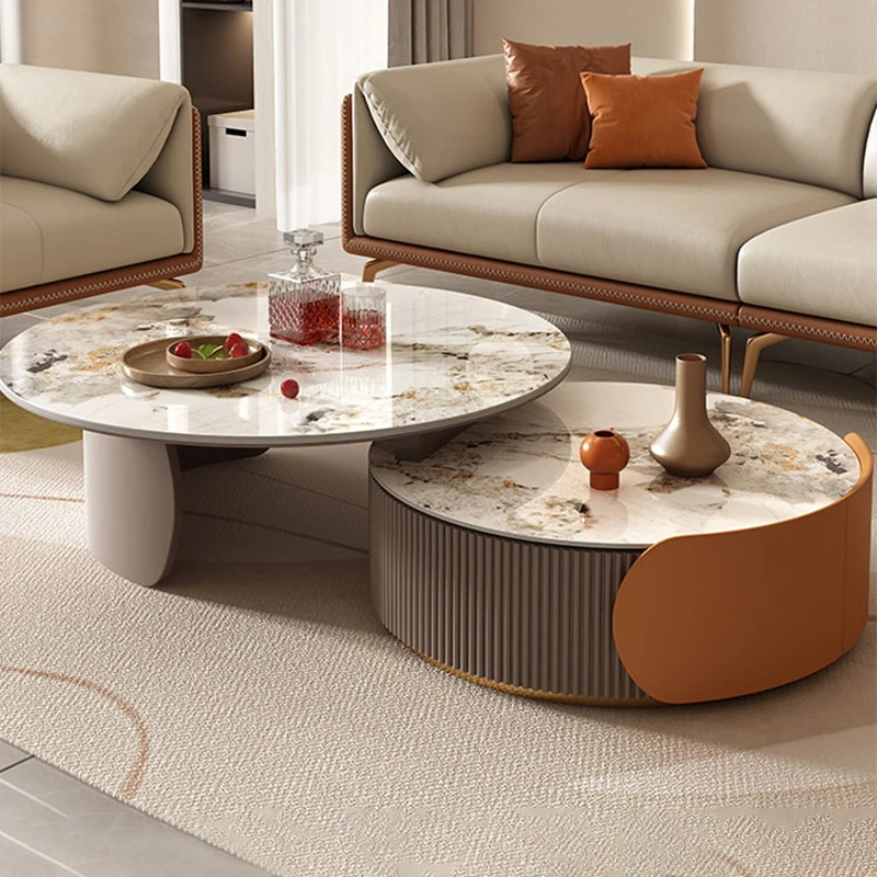 

Italian Minimalist Rock Slab Extendable Round Nesting Coffee Table Set, Luxury For Small Living Rooms