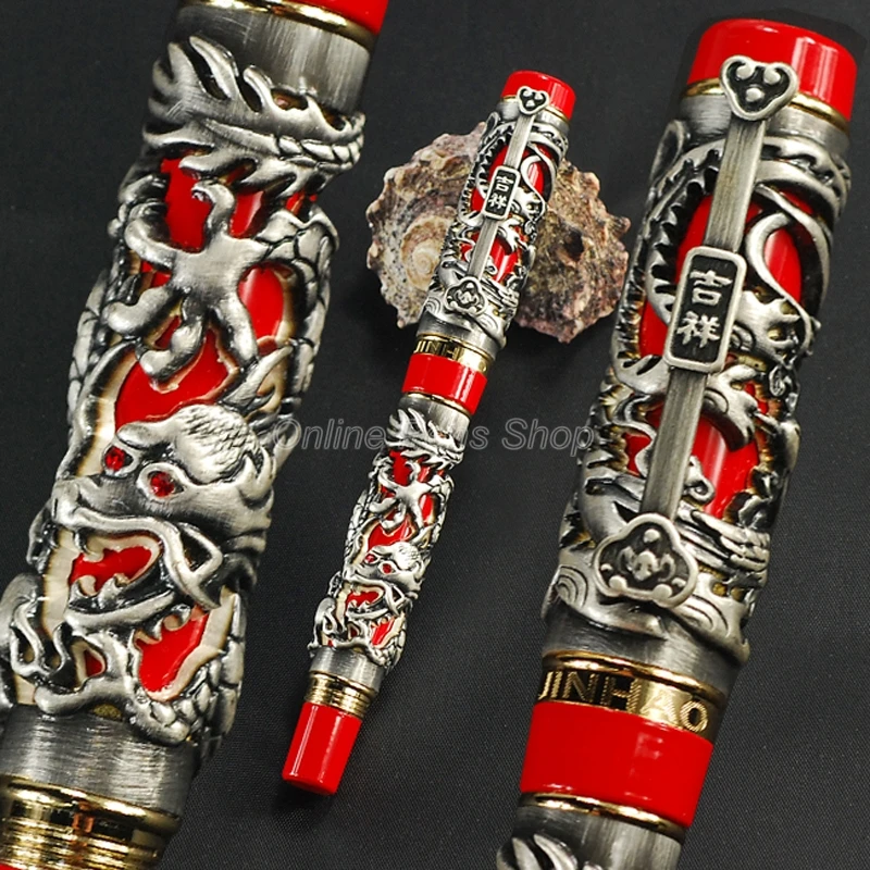 

Jinhao Luxurious Dragon Phoenix Fountain Pen Metal Carving Embossing Heavy Pen Gray & Red For Writing Gift Pen JF002