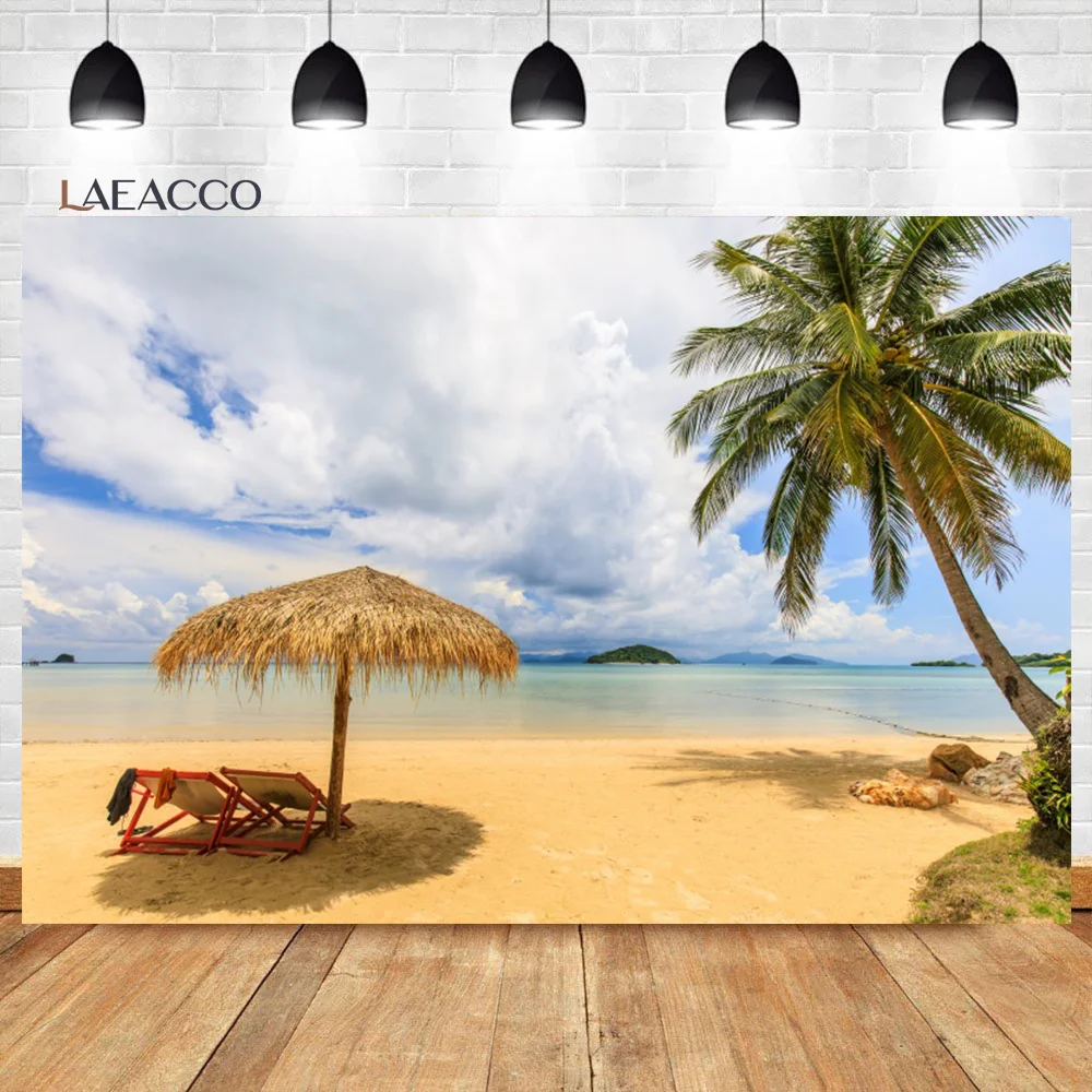 Laeacco Summer Seaside Background Sunny Beach Blue Sky Cruise Tropical Palms Tree Vacation Tourism Portrait Photography Backdrop