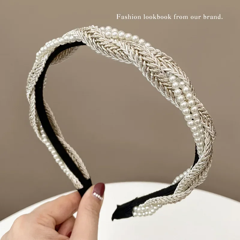 French Pearl Braided Bezel Hair Band Elegant Women\'s Pure Color Pleated Headband Fashionable Girl\'s Hair Hoop Hair Accessories
