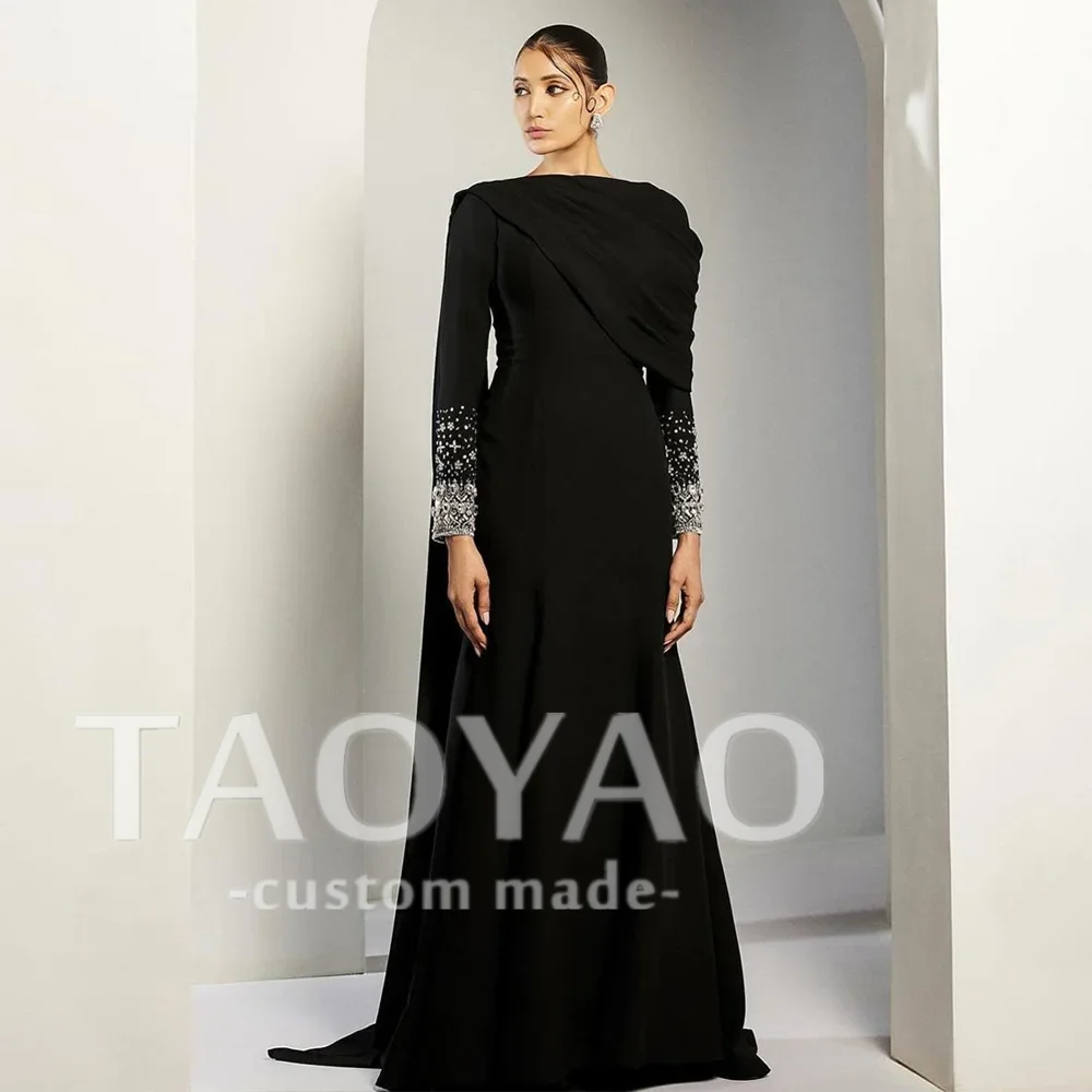 

Saud Arabic Evening Dress with Cape O-Neck Black Beading Mermaid Party Gown 2025 Customized Scoop Long Sleeve For Women