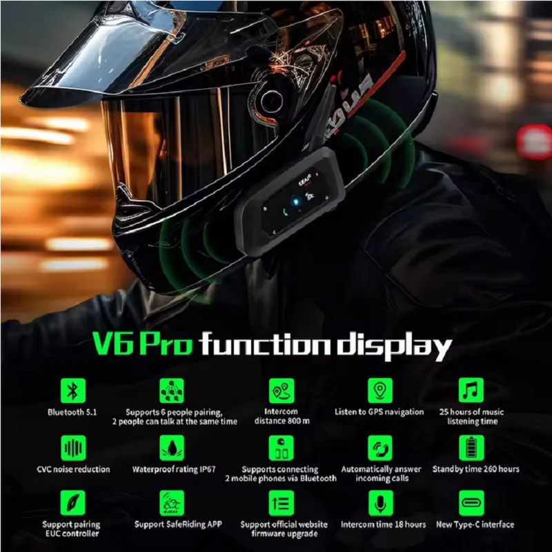 EJEAS V6 PRO+ Motorcycle Intercom Helmet Bluetooth5.1 Headset 800m Communicator CVC Noise Reduction IP67 Waterproof