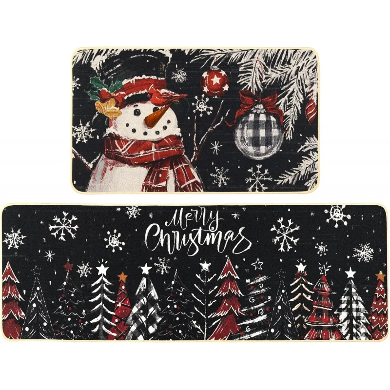 

Snowman Christmas tree snowflake kitchen floor mat 2-piece set black winter decorative door mat 20inx31in 18inx47in