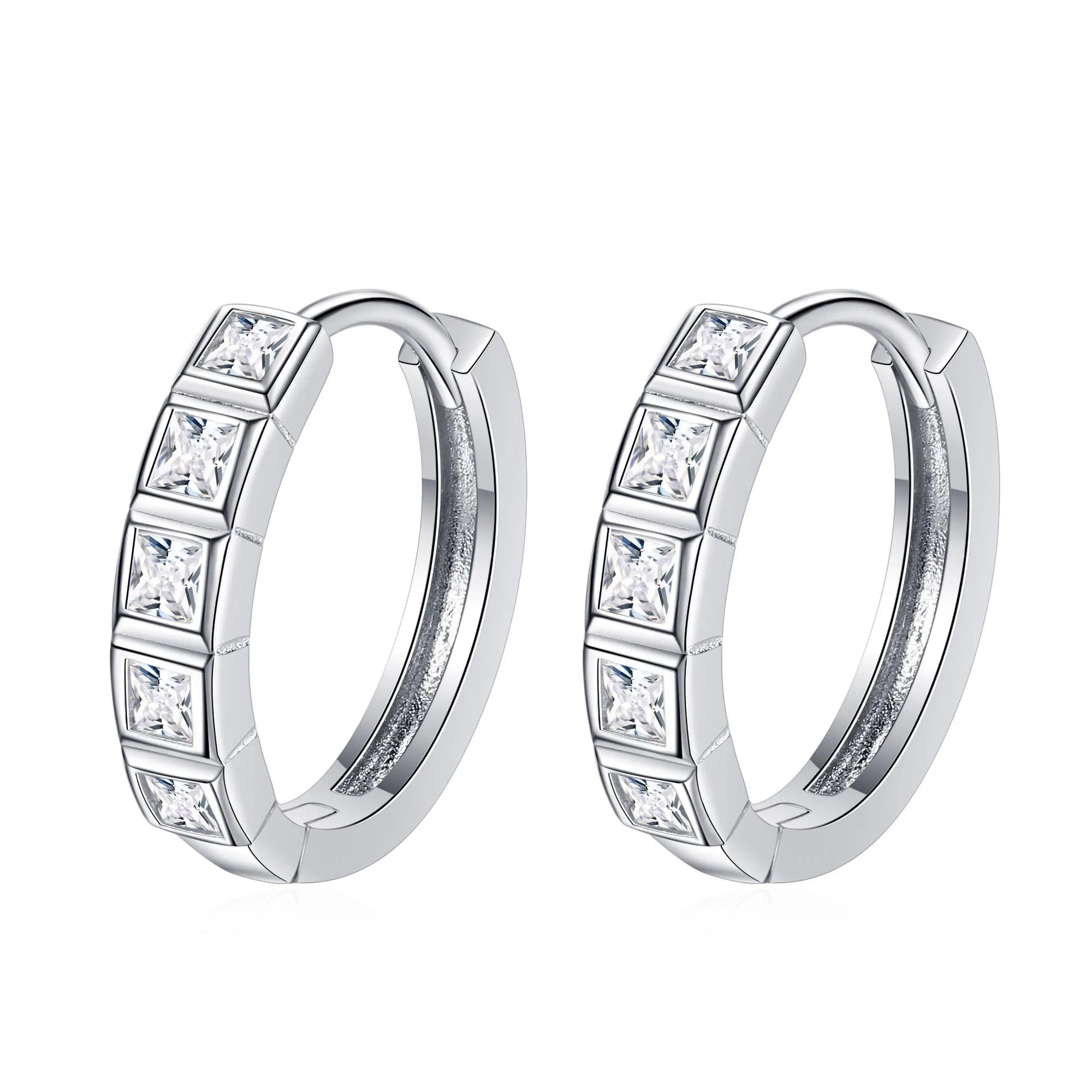 S925 silver earrings female, half circle square diamond moscone earrings plated PT950 platinum small earrings