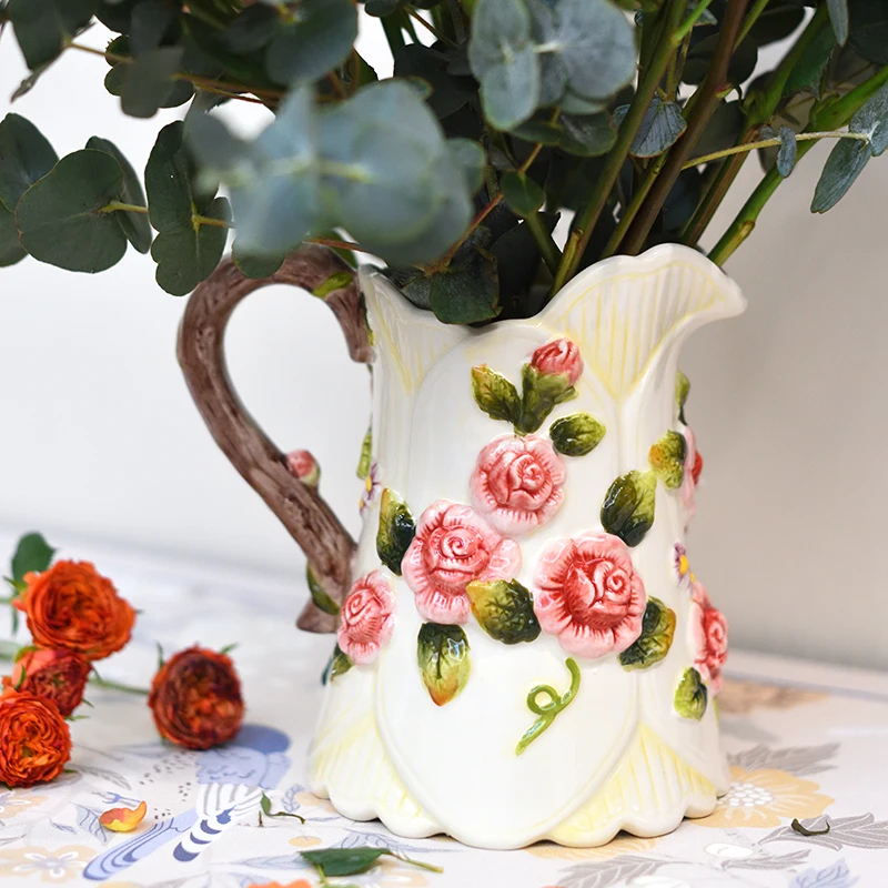 Furniture for small-sized apartments Ceramic rose vase water jar ornament wedding gift living room handmade underglaze color